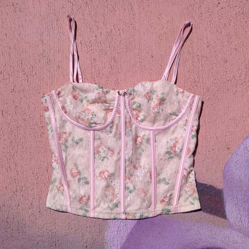 Pretty Garbage Pink Floral Lace Metallic Glitter Corset Bustier Crop Top S